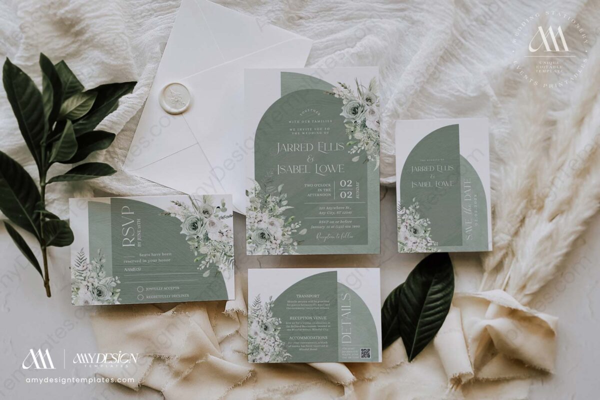 Sage Green Boho Arch Wedding Invitation Card Template Printable | Greenery Wedding Invites Set Sage Green Boho Arch Wedding Invitation Card Template Printable | Greenery Wedding Invites Set