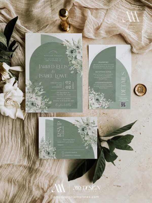 Sage Green Boho Arch Wedding Invitation Card Template Printable | Greenery Wedding Invites Set