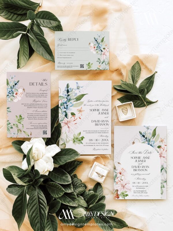 Floral Wedding Invitation Templates Set | Spring Floral Garden Wedding Suite Floral Wedding Invitation Templates Set | Spring Floral Garden Wedding Suite