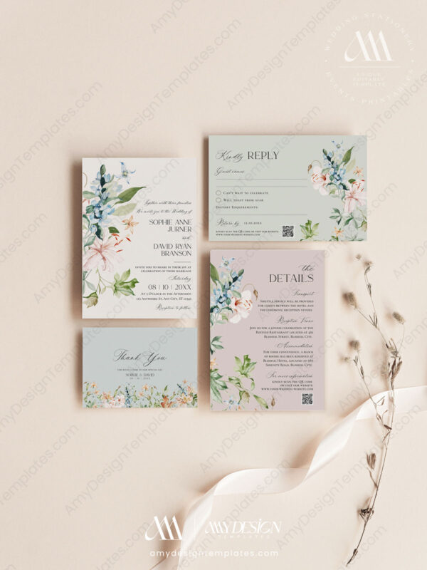 Floral Wedding Invitation Templates Set | Spring Floral Garden Wedding Suite
