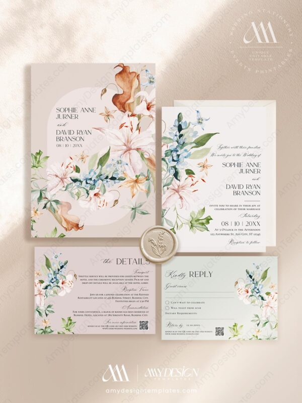Floral Wedding Invitation Templates Set | Spring Floral Garden Wedding Suite Floral Wedding Invitation Templates Set | Spring Floral Garden Wedding Suite