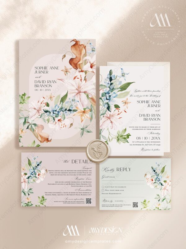 Floral Wedding Invitation Templates Set | Spring Floral Garden Wedding Suite