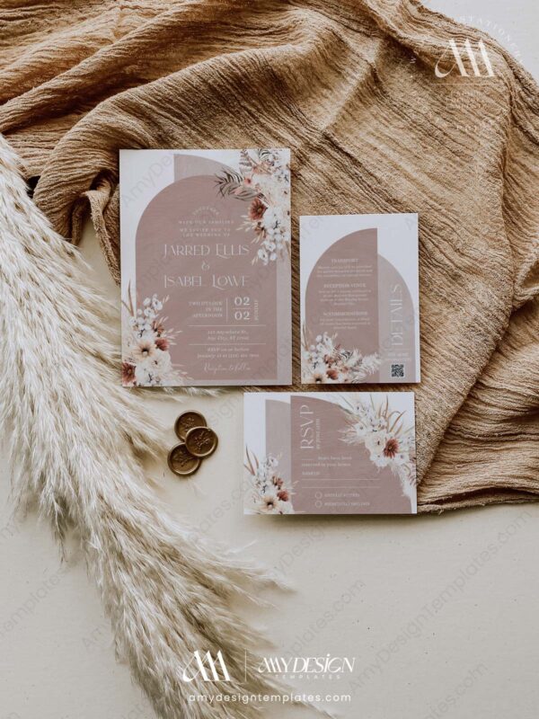 Boho Arched Wedding Invitation Template Suite | Terracotta Wedding Card