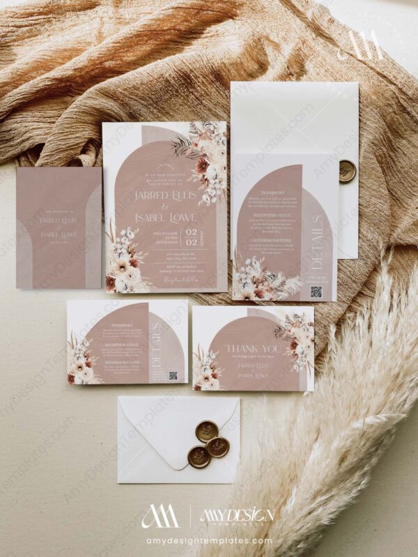 Boho Arched Wedding Invitation Template Suite | Terracotta Wedding Card