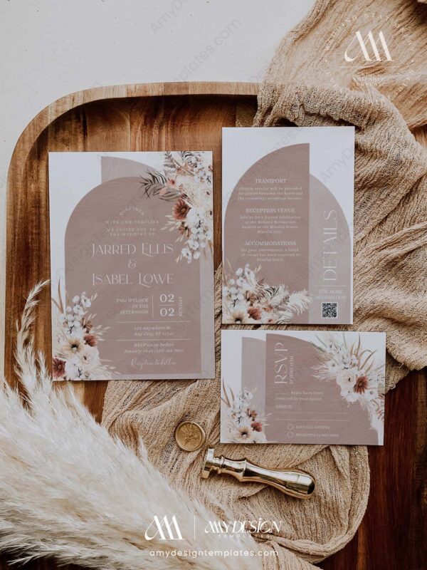 Boho Arched Wedding Invitation Template Suite | Terracotta Wedding Card