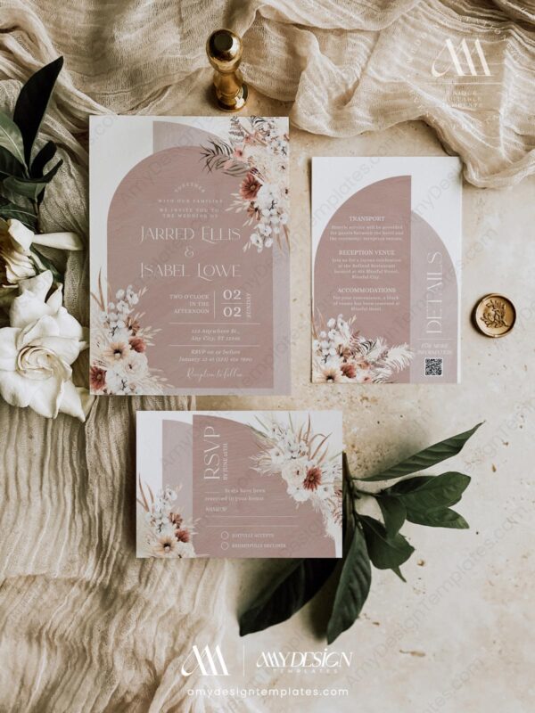 Boho Arched Wedding Invitation Template Suite | Terracotta Wedding Card