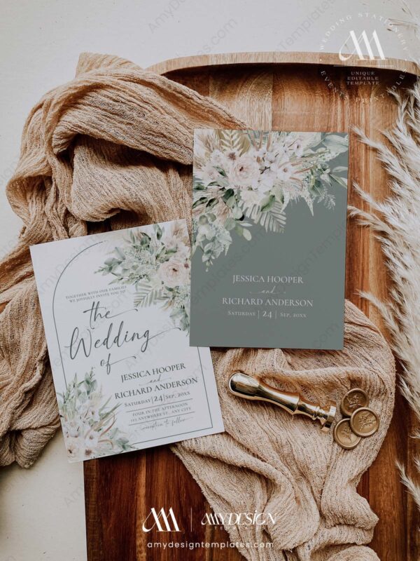 Boho Greenery Wedding Invitation Card Template | Sage Green Wedding Set