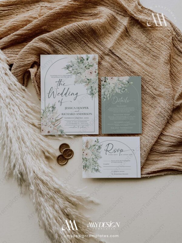 Boho Greenery Wedding Invitation Card Template | Sage Green Wedding Set Boho Greenery Wedding Invitation Card Template | Sage Green Wedding Set