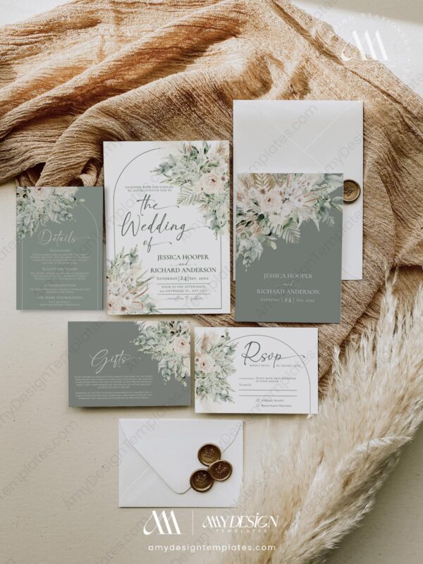 Boho Greenery Wedding Invitation Card Template | Sage Green Wedding Set Boho Greenery Wedding Invitation Card Template | Sage Green Wedding Set