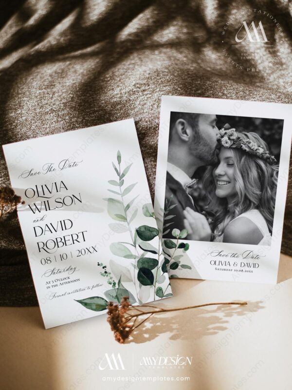 Minimalist Modern Wedding Invitation Card | Wedding Invite Template QR Code | Greenery Eucalyptus