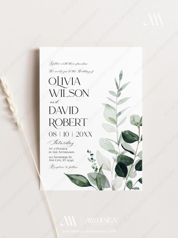 Minimalist Modern Wedding Invitation Card | Wedding Invite Template QR Code | Greenery Eucalyptus