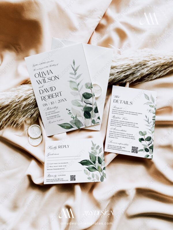 Minimalist Modern Wedding Invitation Card | Wedding Invite Template QR Code | Greenery Eucalyptus