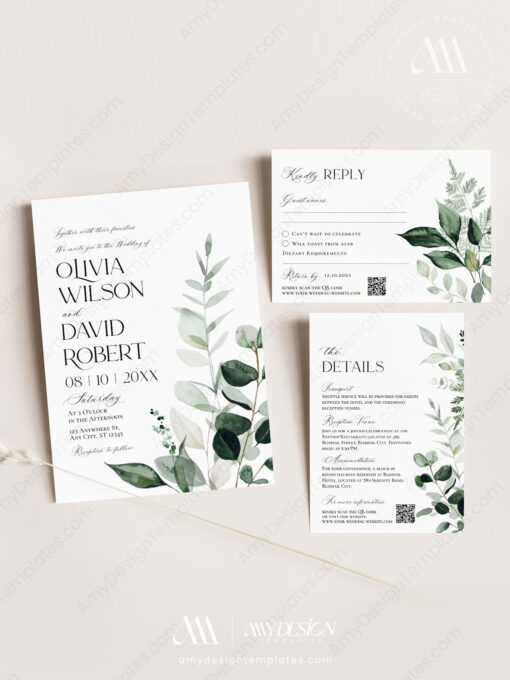 Modern Minimalist Wedding Invitation Suite – Greenery Botanical Template - Image 2