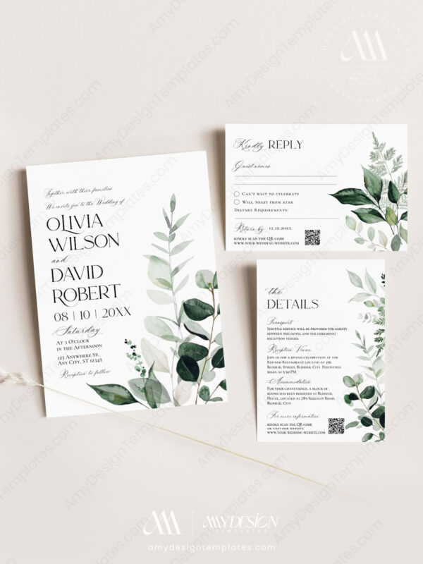 Minimalist Modern Wedding Invitation Card | Wedding Invite Template QR Code | Greenery Eucalyptus