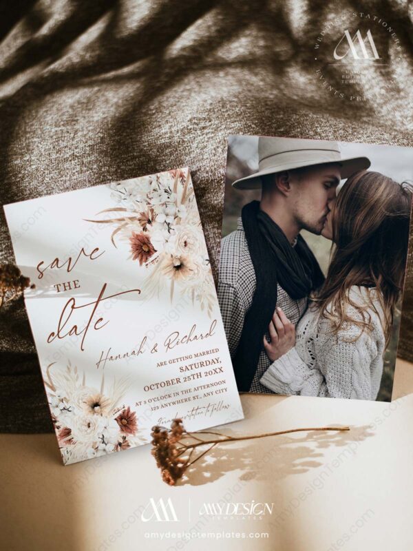 Terracotta Save the Date Wedding Invitation Template | Printable Photo Save The Date Card Boho Terracotta Save the Date Wedding Invitation Template E093