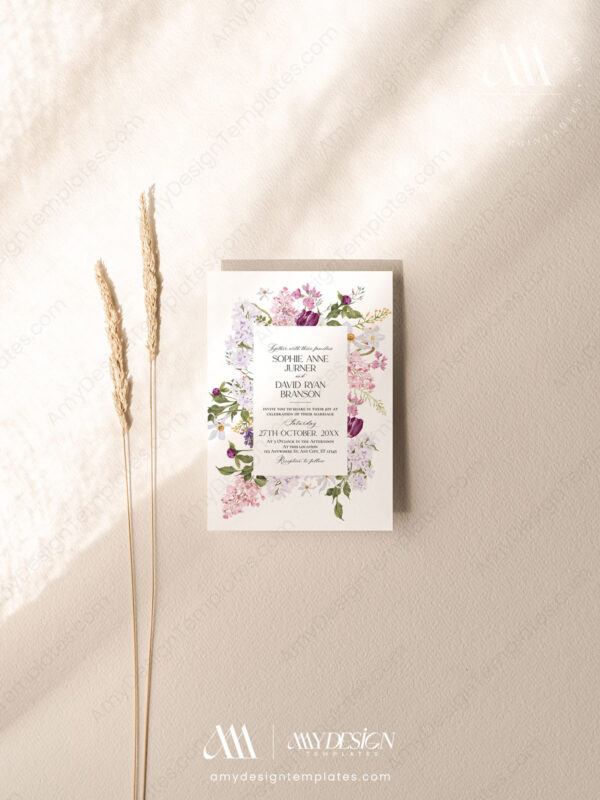 Lilac Wedding Invitation Card | Spring Floral Wedding Template Set | Purple Wedding Lilac Wedding Invitation Card | Spring Floral Wedding Template Set | Purple Wedding