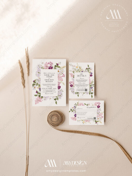 Lilac Wedding Invitation Card – Pink Purple Floral Wedding Invite Templates - Image 3