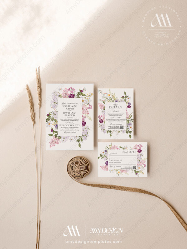 Lilac Wedding Invitation Card | Spring Floral Wedding Template Set | Purple Wedding Lilac Wedding Invitation Card | Spring Floral Wedding Template Set | Purple Wedding