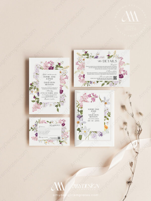 Lilac Wedding Invitation Card | Spring Floral Wedding Template Set | Purple Wedding
