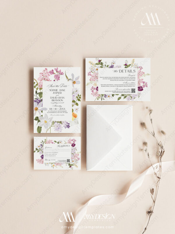 Lilac Wedding Invitation Card | Spring Floral Wedding Template Set | Purple Wedding Lilac Wedding Invitation Card | Spring Floral Wedding Template Set | Purple Wedding