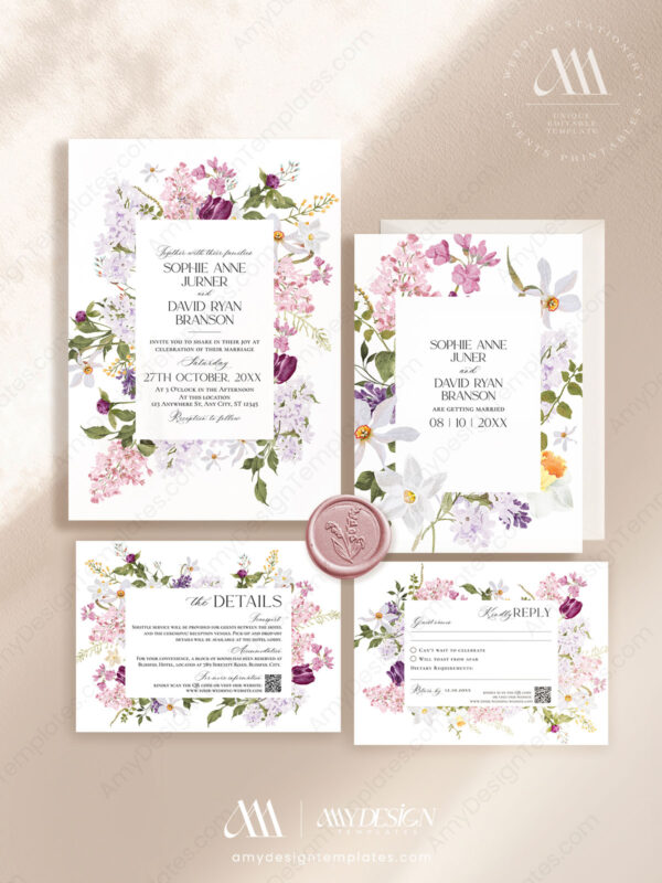 Lilac Wedding Invitation Card | Spring Floral Wedding Template Set | Purple Wedding