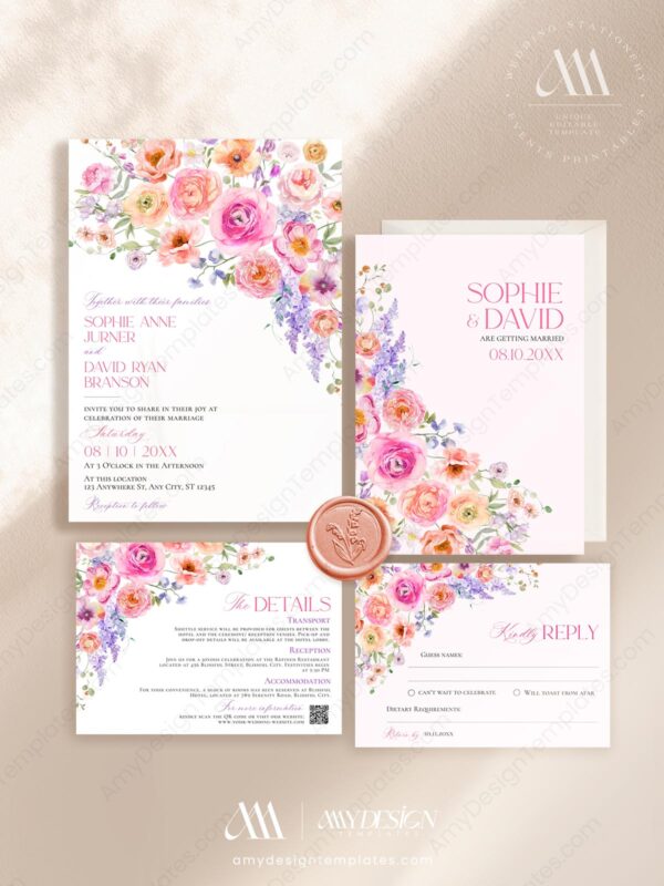 Bright Colorful Flowers Wedding Invitation | Spring Summer Floral Wedding Invites