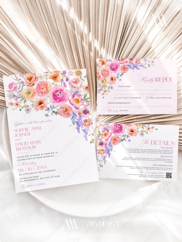 Bright Colorful Flowers Wedding Invitation | Spring Summer Floral Wedding Invites