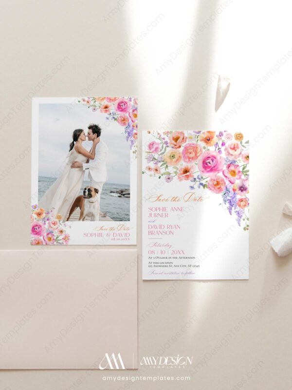 Bright Floral Save The Date Template | Colorful Flowers Wedding Photo Save Our Date Card Bright Floral Save The Date Template E098