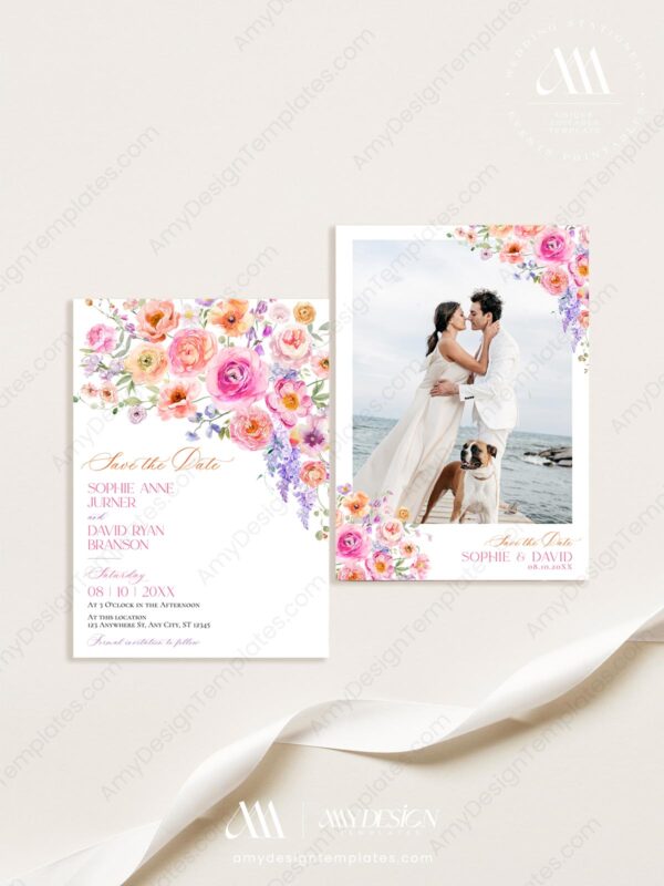 Bright Floral Save The Date Template | Colorful Flowers Wedding Photo Save Our Date Card Bright Floral Save The Date Template E098