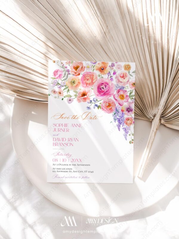 Bright Floral Save The Date Template | Colorful Flowers Wedding Photo Save Our Date Card Bright Floral Save The Date Template E098