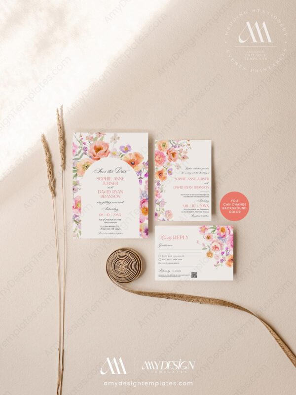 Bright Floral Wedding Invitation Card | Spring Summer Wedding Suite Template Bright Floral Wedding Invitation Card | Spring Summer Wedding Suite Template