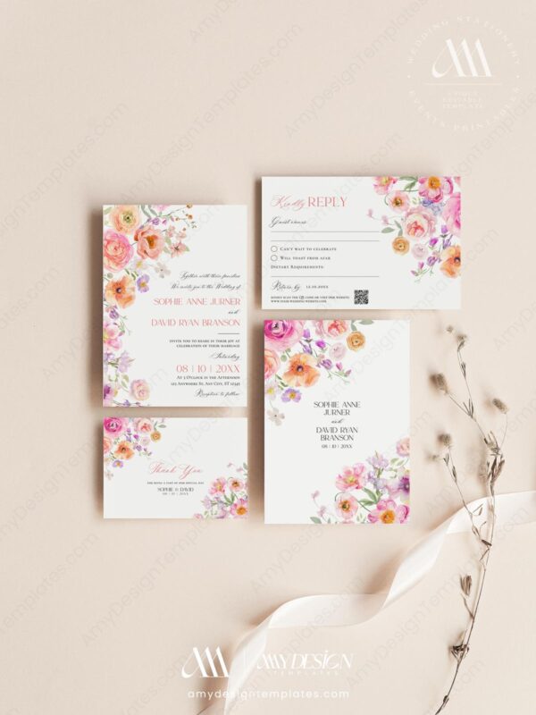Bright Floral Wedding Invitation Card | Spring Summer Wedding Suite Template Bright Floral Wedding Invitation Card | Spring Summer Wedding Suite Template