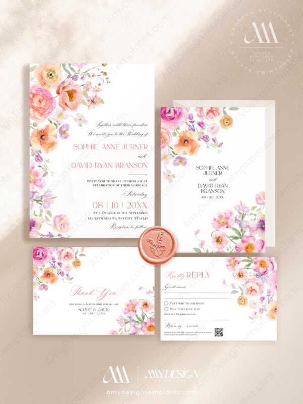 Bright Floral Wedding Invitation Card | Spring Summer Wedding Suite Template