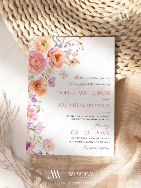 Bright Floral Wedding Invitation Card | Spring Summer Wedding Suite Template
