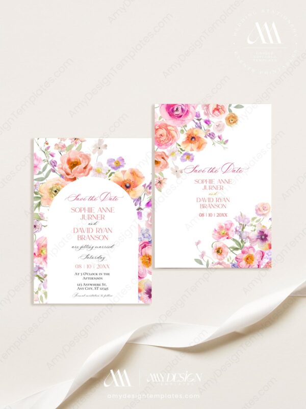 Colorful Flowers Save The Date Template | Bright Floral Pre-Wedding Photo Save Our Date Card Colorful Flowers Save The Date Template E101