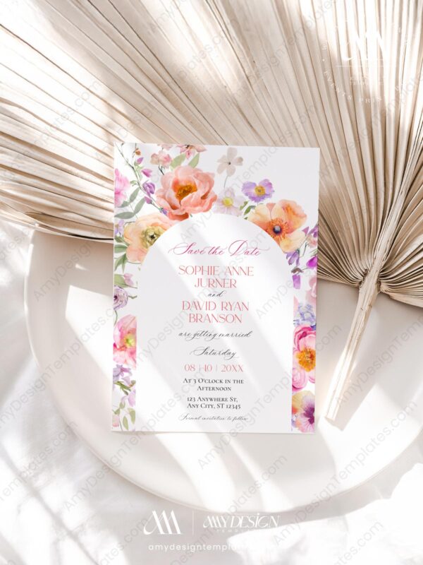 Colorful Flowers Save The Date Template | Bright Floral Pre-Wedding Photo Save Our Date Card Colorful Flowers Save The Date Template E101