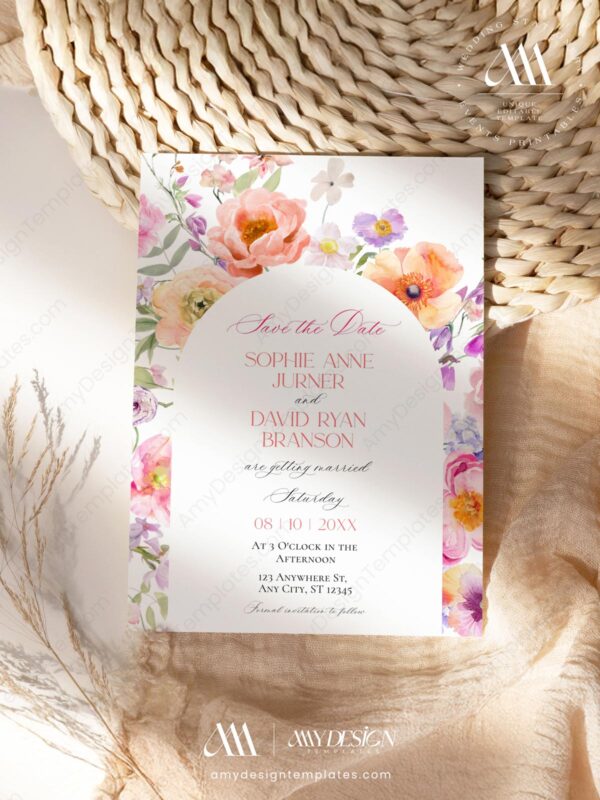 Floral Bridal Brunch Template Bundle | Bright Flower Bridal Shower Brunch Invitations | Editable Menu Place Cards & Signs Colorful Flowers Save The Date Template E101