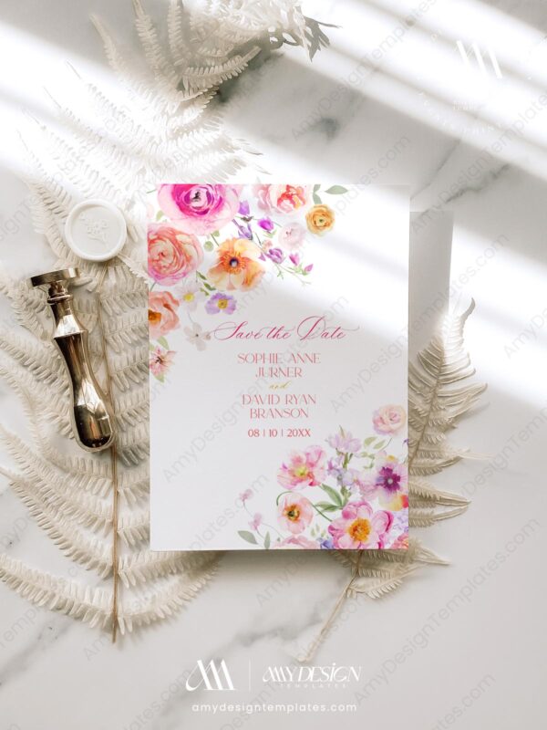 Colorful Flowers Save The Date Template | Bright Floral Pre-Wedding Photo Save Our Date Card Colorful Flowers Save The Date Template E101