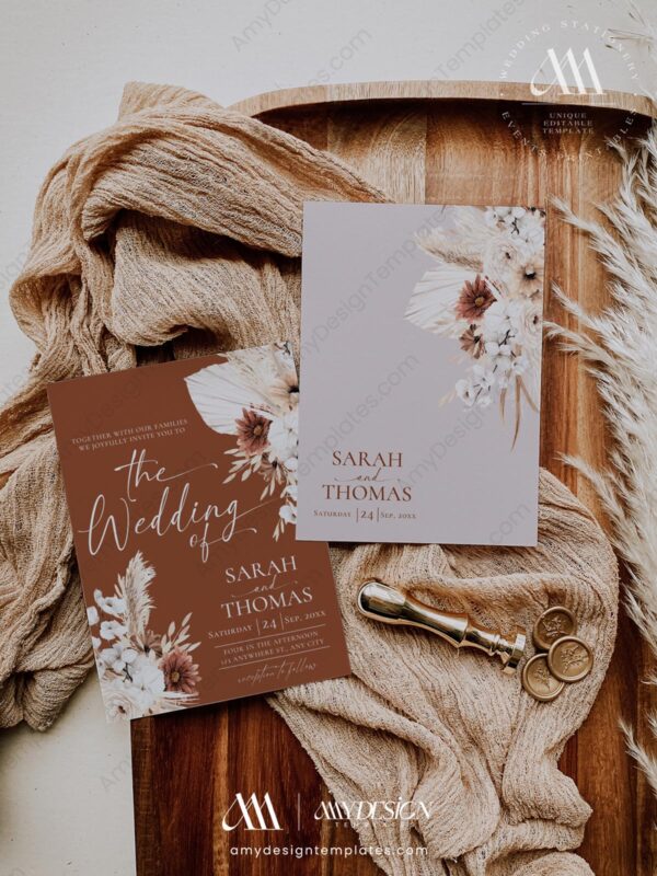 Bohemian Pampas Wedding Invitation | Terracotta Wedding Invite Template
