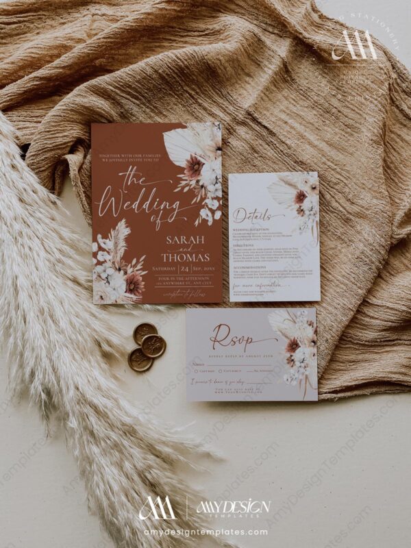 Bohemian Pampas Wedding Invitation | Terracotta Wedding Invite Template
