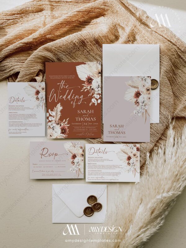 Bohemian Pampas Wedding Invitation | Terracotta Wedding Invite Template Bohemian Pampas Wedding Invitation | Terracotta Wedding Invite Template