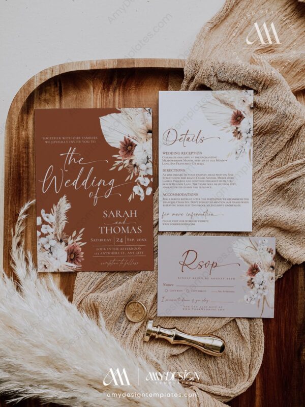 Bohemian Pampas Wedding Invitation | Terracotta Wedding Invite Template Bohemian Pampas Wedding Invitation | Terracotta Wedding Invite Template