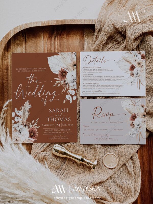 5+ Free Printable Wedding Announcement Templates: Share Your Big News in Style! Bohemian Pampas Wedding Invitation | Terracotta Wedding Invite Template