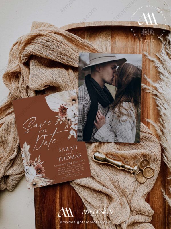 Rust Wedding Save The Date Template with Photo | Personalized Save Our Date Printable Rust Wedding Save The Date Template with Photo E102