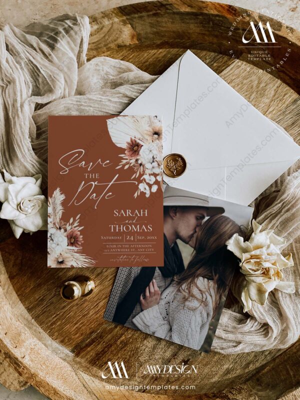 Rust Wedding Save The Date Template with Photo | Personalized Save Our Date Printable Rust Wedding Save The Date Template with Photo E102