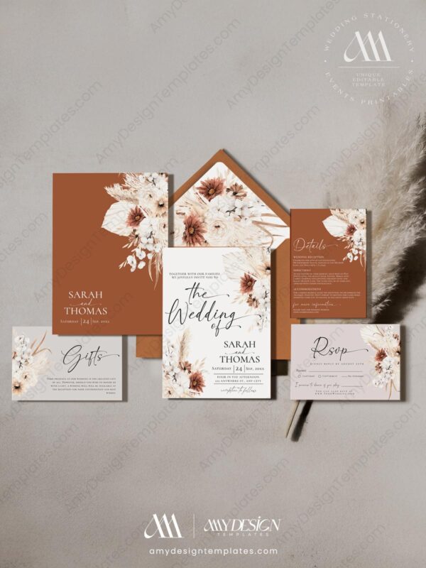 Bohemian Terracotta Wedding Invitation | Fall Wedding Template Set Bohemian Terracotta Wedding Invitation | Fall Wedding Template Set