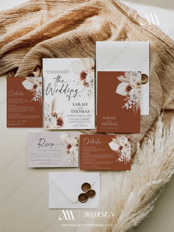 Bohemian Terracotta Wedding Invitation | Fall Wedding Template Set Bohemian Terracotta Wedding Invitation | Fall Wedding Template Set