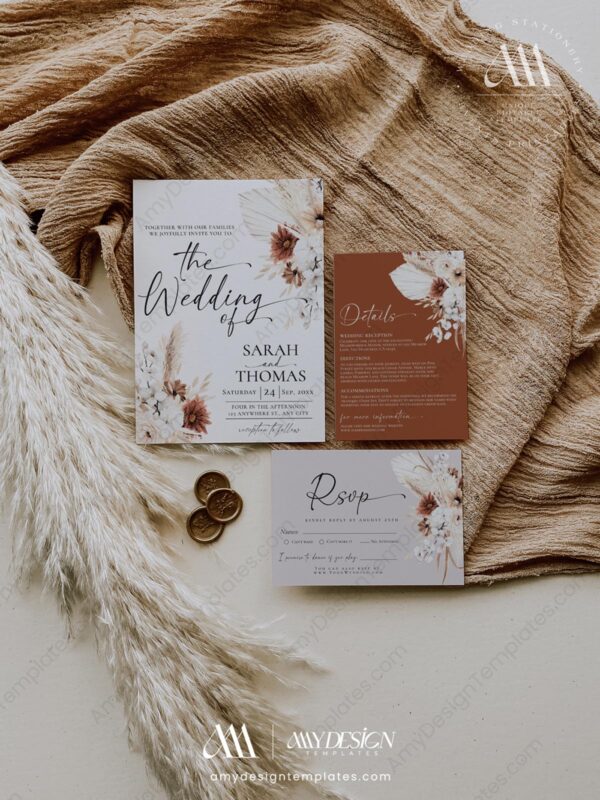Terracotta Boho Wedding Invitation Card | Fall Wedding Suite Template Bohemian Terracotta Wedding Invitation | Fall Wedding Template Set