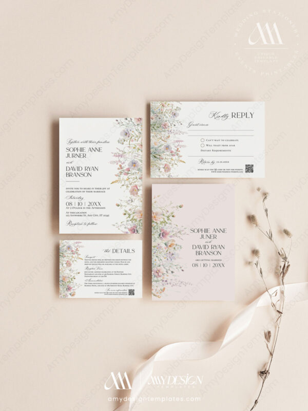 Meadow Wedding Invitation Templates | Watercolor Wildflower Wedding Suite