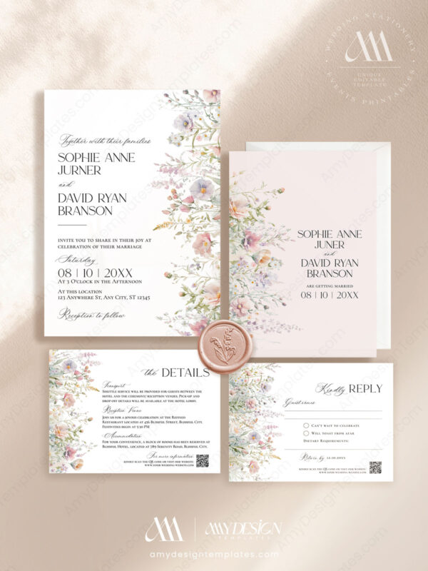 Meadow Wedding Invitation Templates | Watercolor Wildflower Wedding Suite